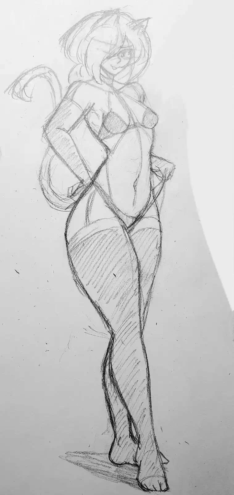 A pencil sketch of an anime-style female character with cat ears and a tail, wearing a revealing outfit and posing…