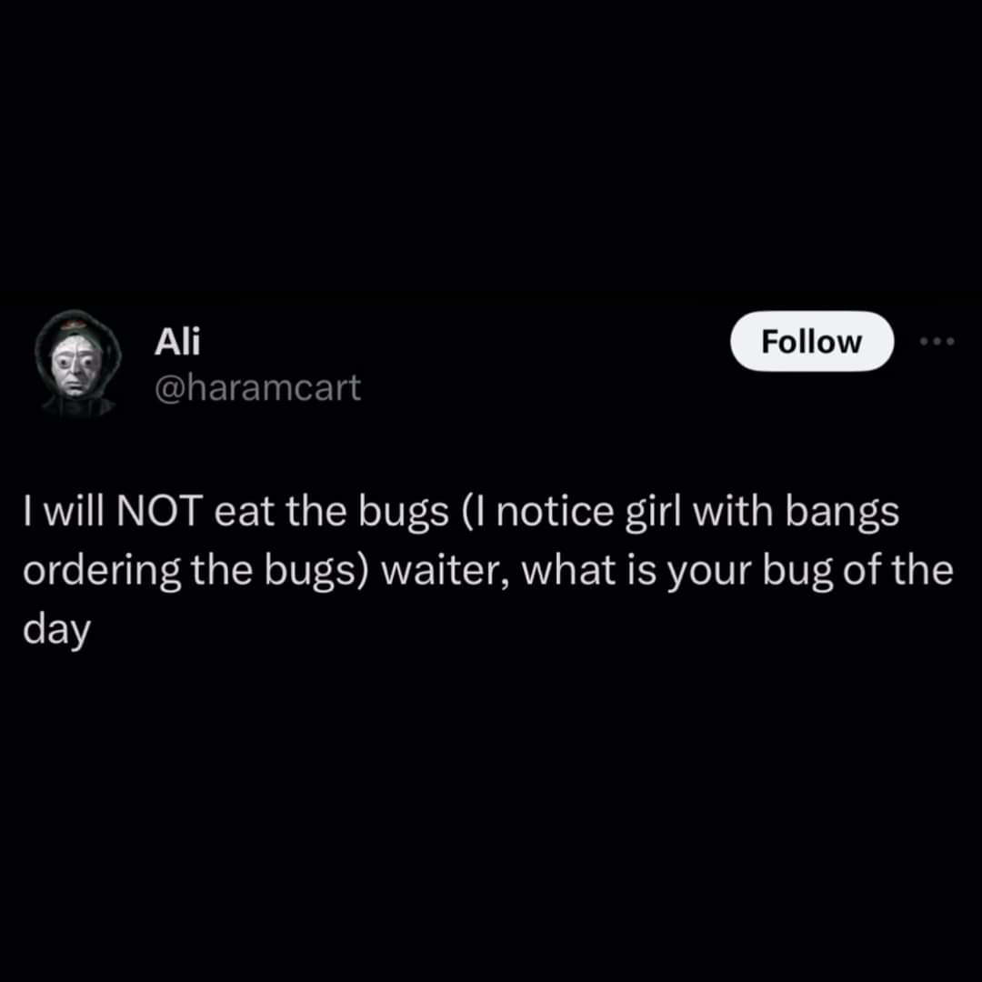A screenshot of a tweet from user Ali (@haramcart) with a dark background and white text. The tweet reads: 'I will NOT eat…