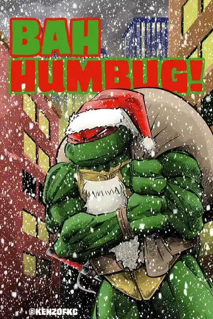 A green anthropomorphic turtle wearing a Santa hat and a white beard stands in a snowy cityscape, arms crossed defiantly…