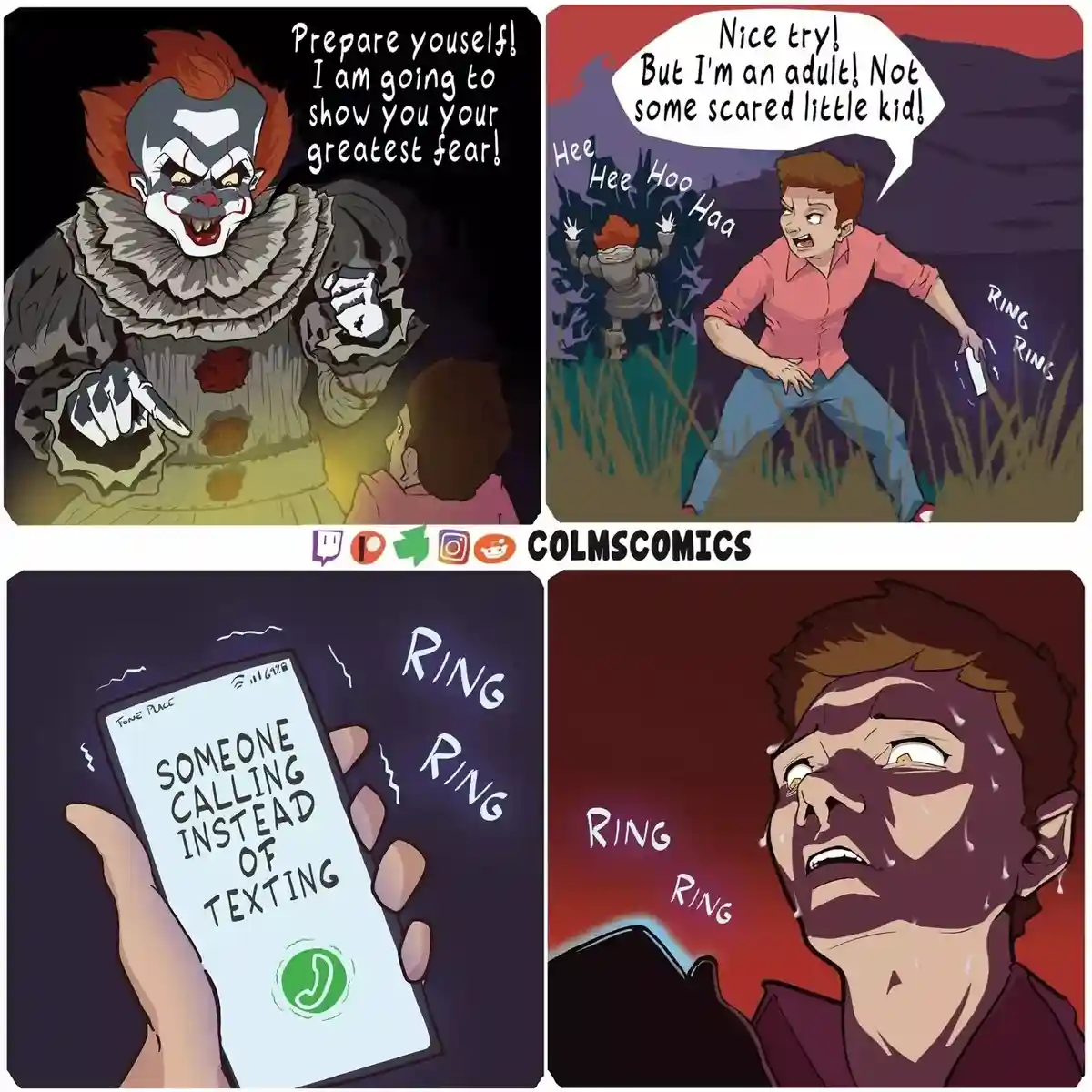 A four-panel comic shows a clown threatening a child, then an adult confidently facing the clown, only to panic when their…