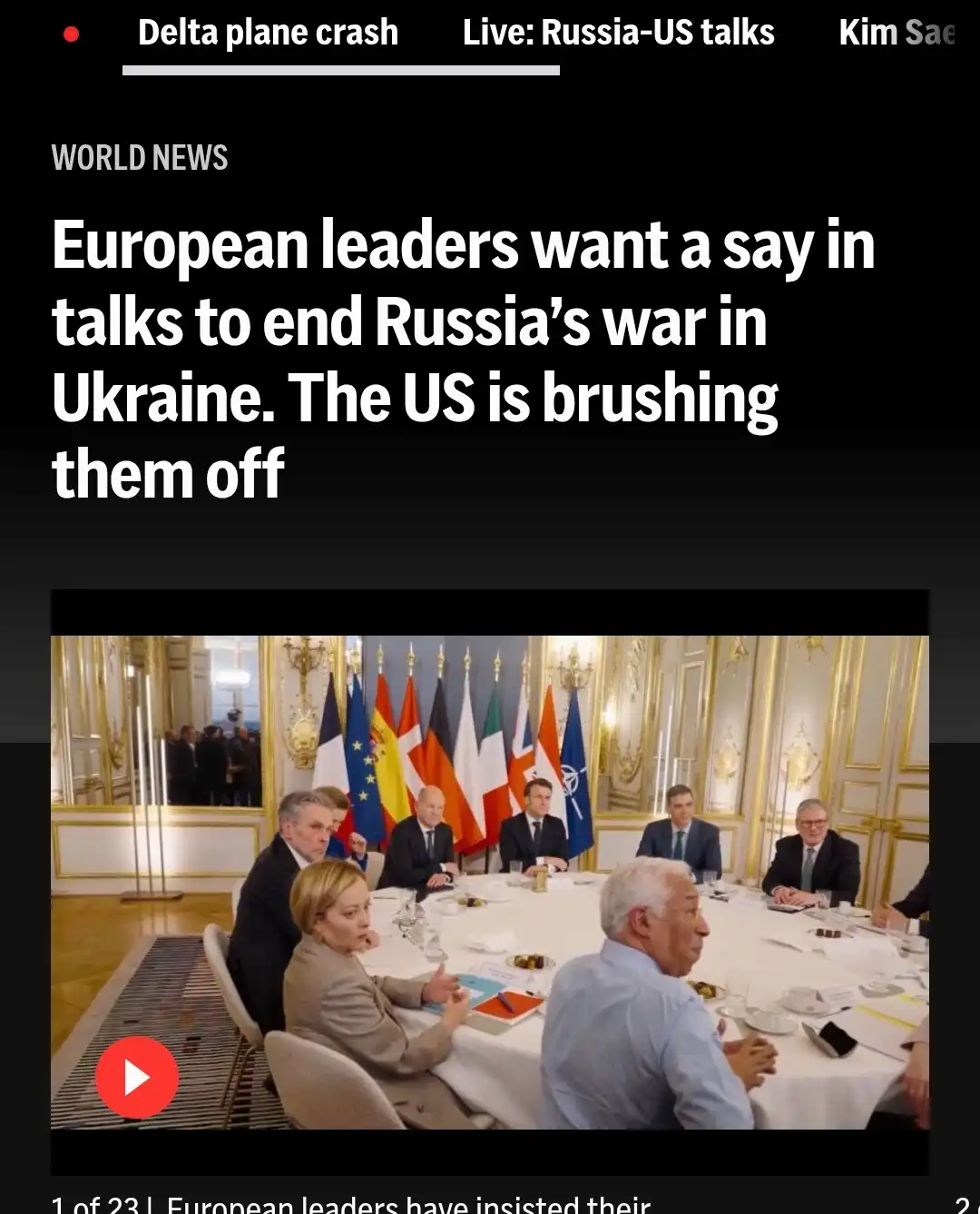 A screenshot of a news article header with the headline 'European leaders want a say in talks to end Russia's war in…