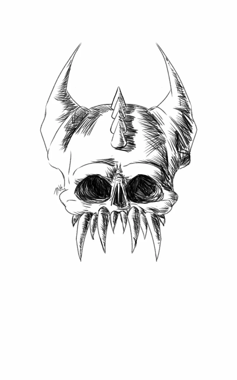 A black-and-white sketch depicts a stylized skull with large horns, a unicorn horn on its forehead, and sharp fangs. The…