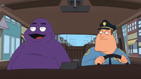 The image shows two panels of a cartoon scene from Family Guy, each with three frames. In the top panel, a purple, blob-like…