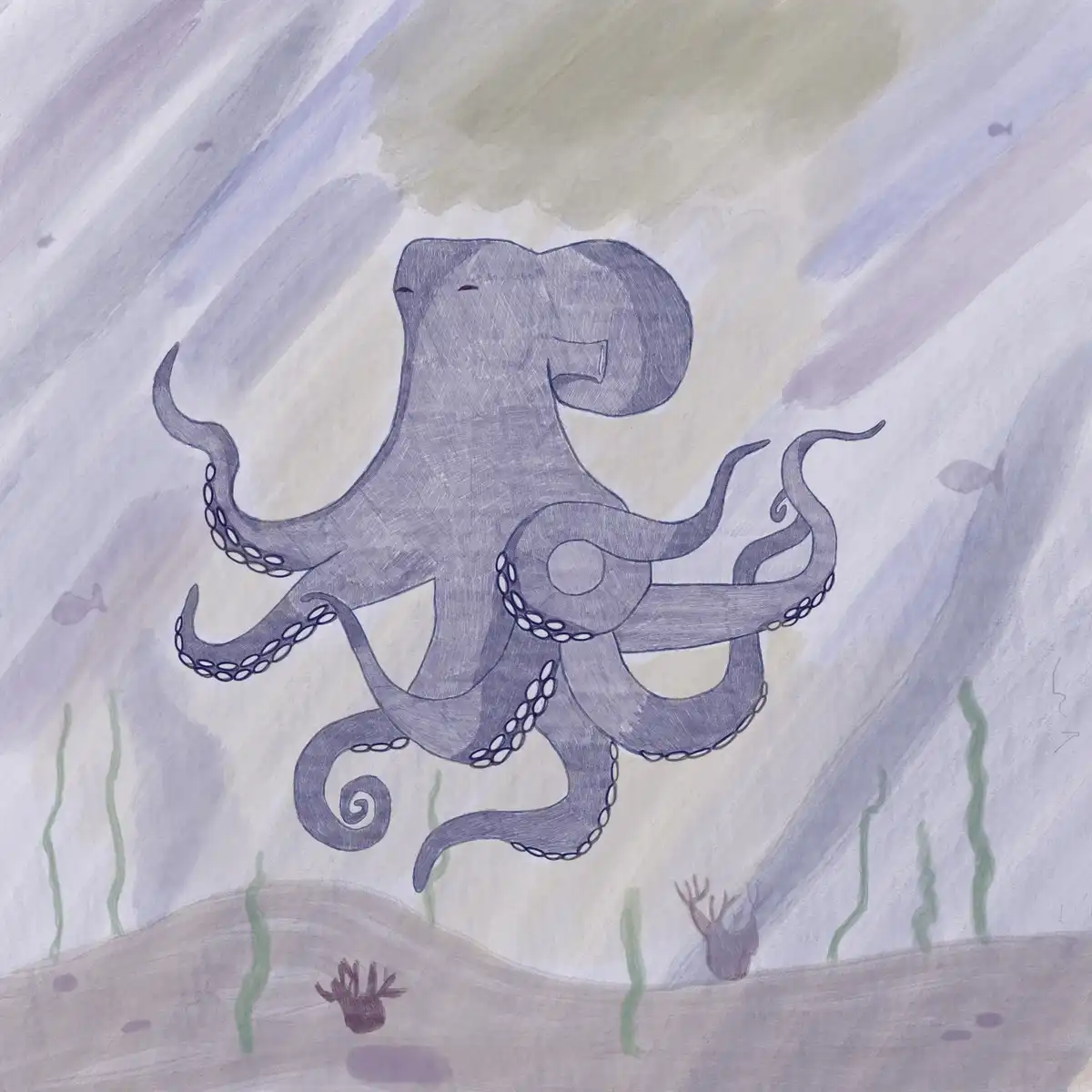 A watercolor-style drawing shows a large, smiling octopus with closed eyes floating in murky underwater water, surrounded by…
