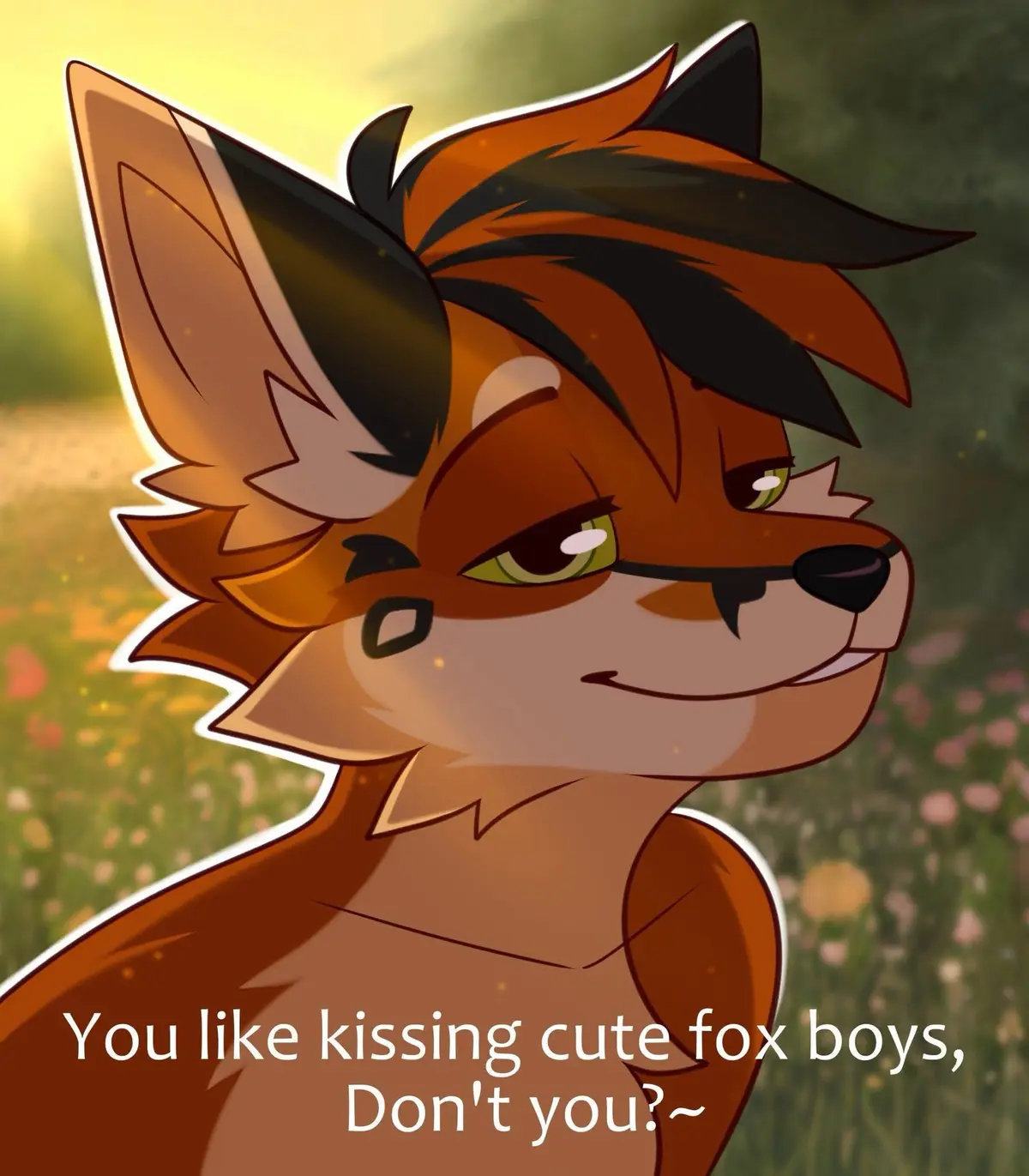 An anime-style anthropomorphic fox with orange and black fur, green eyes, and a smug, knowing smirk, set against a blurred…