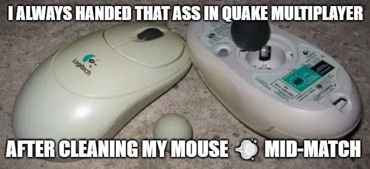 An image shows two Logitech computer mice on a carpeted floor. One mouse is intact, the other is disassembled with its ball…