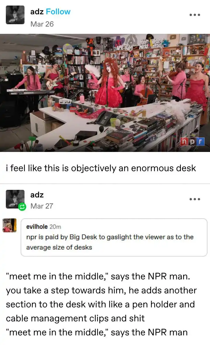 A group of women in pink outfits are performing music in a cluttered, book-filled room that appears to be a desk or counter…