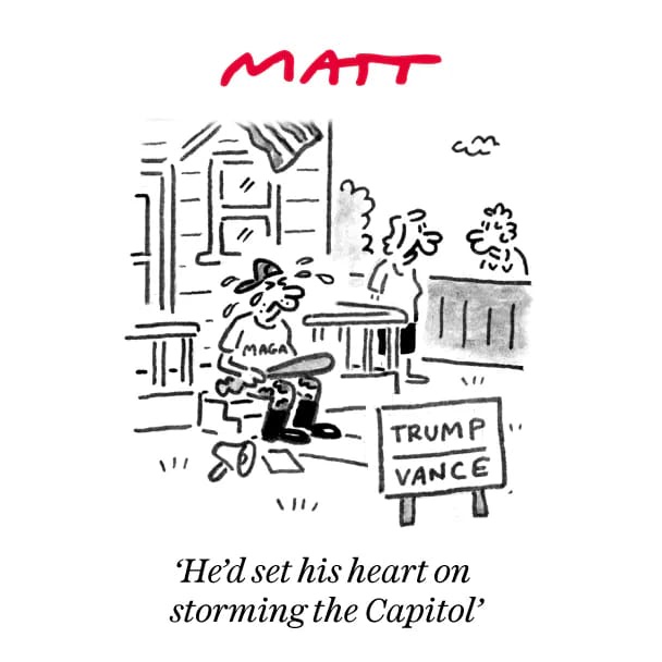A black-and-white cartoon shows a man in a MAGA hat sitting on a bench, looking dejected with sweat drops, next to a 'TRUMP…