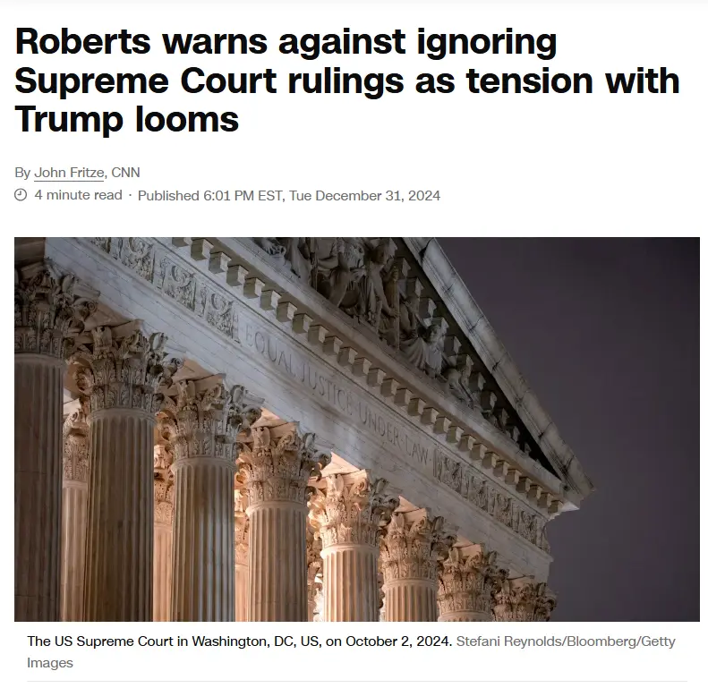 A news article screenshot shows a photo of the US Supreme Court building at night, featuring its iconic columns and pediment…