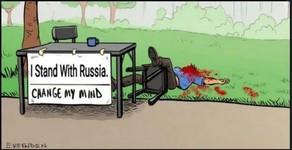A cartoon depicts a person lying dead on the grass next to an office chair, with blood pooling around them. Their feet are…