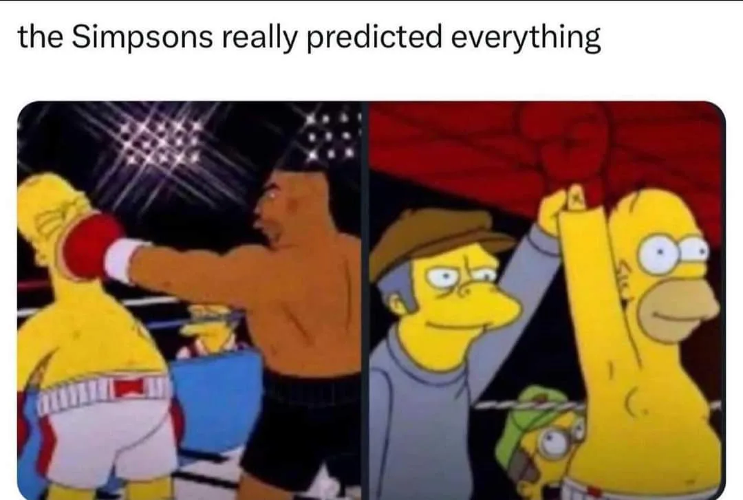The image is split into two panels from The Simpsons. Left: Homer Simpson, wearing boxing shorts and red gloves, is punched…