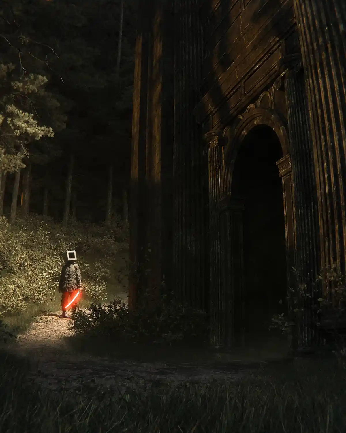 A person with a square TV for a head and holding a glowing red lightsaber stands in a dark, eerie forest path near a large…