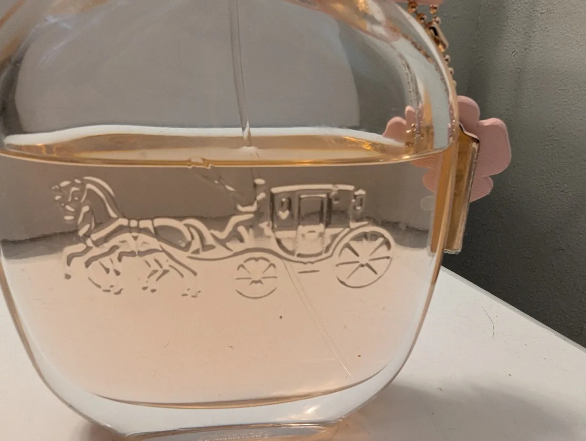 A close-up of a clear glass purse with gold trim and a pink flower-shaped handle, showing an etched design of a horse-drawn…