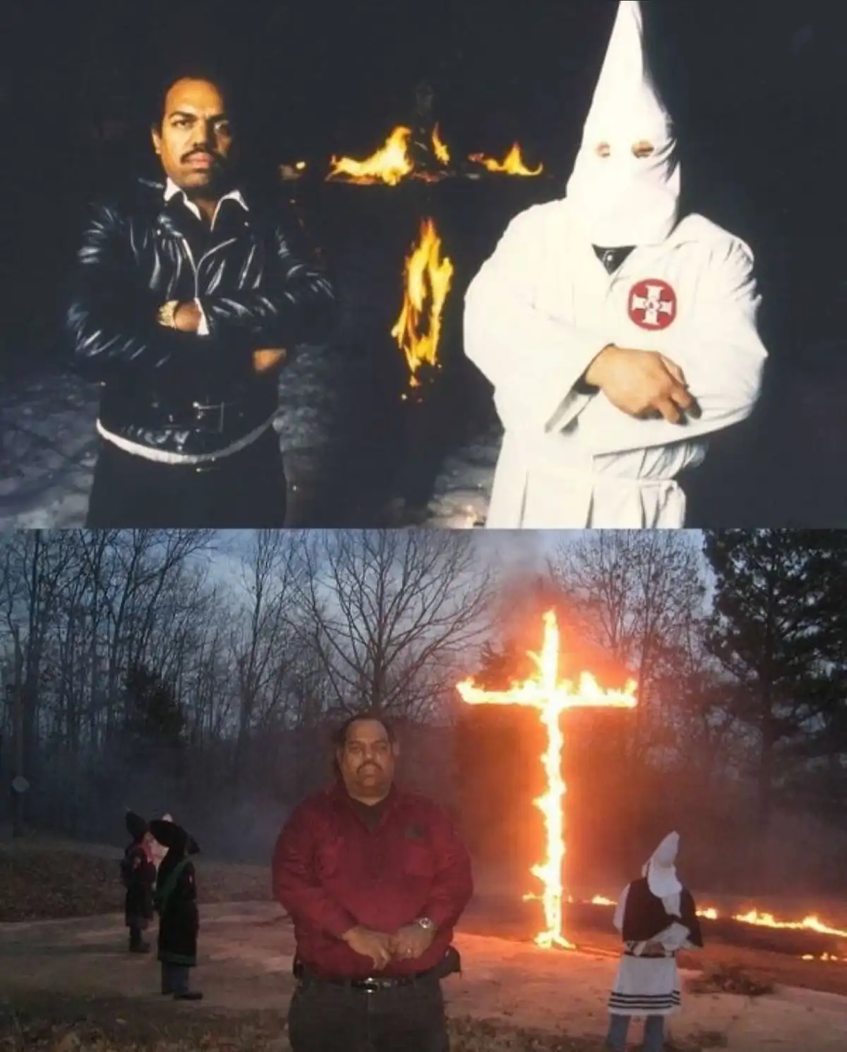 The top panel shows a man in a black leather jacket standing next to a kkk member in a white robe and hood, both with arms…