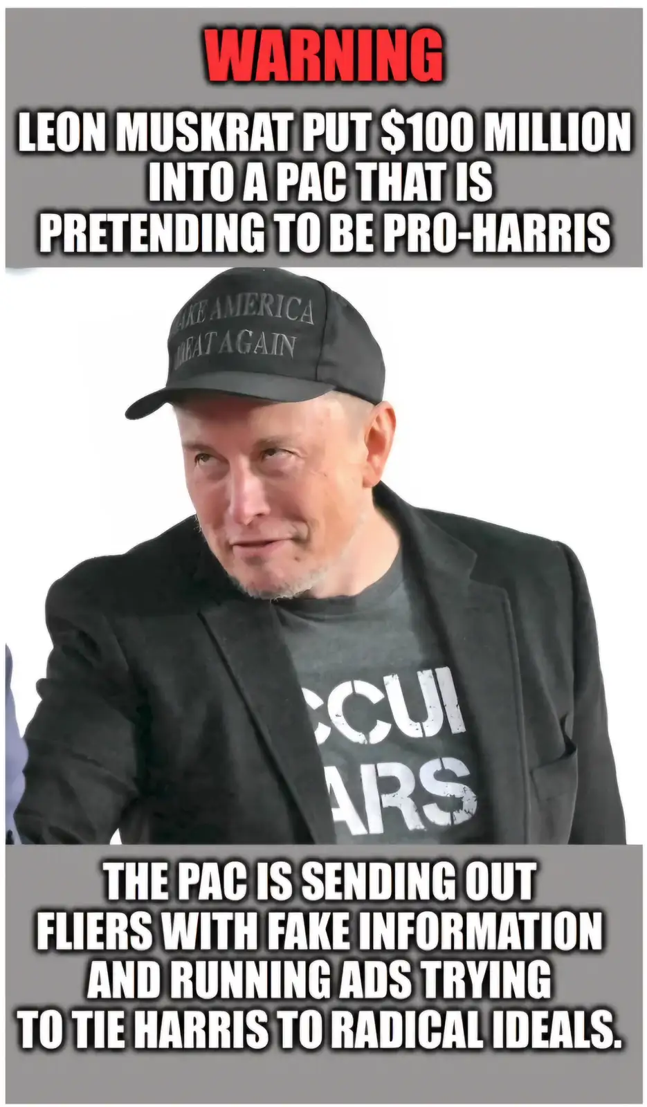The image shows a man wearing a black cap with 'MAKE AMERICA GREAT AGAIN' and a black t-shirt with partially visible white…