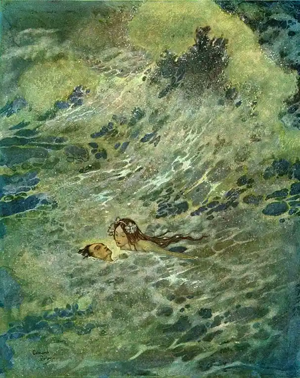 a vintage painting depicts a mermaid with long brown hair and a floral headpiece swimming away from a man's head floating in…