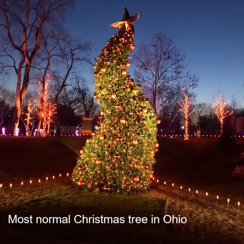 A large, decorated Christmas tree stands outdoors at dusk, adorned with glowing lights and ornaments, topped with a star…