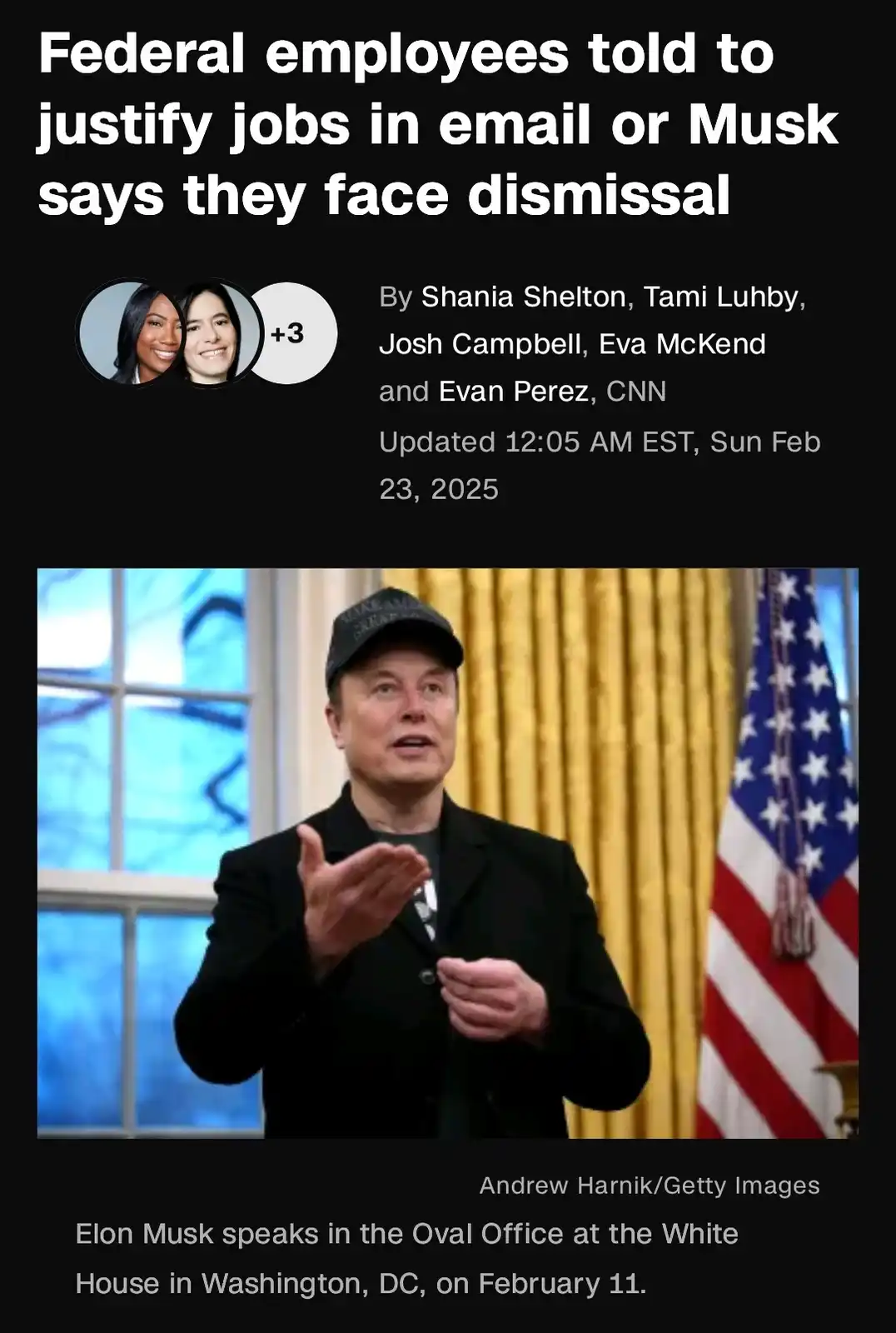 A screenshot of a CNN news article header with the headline 'Federal employees told to justify jobs in email or Musk says…