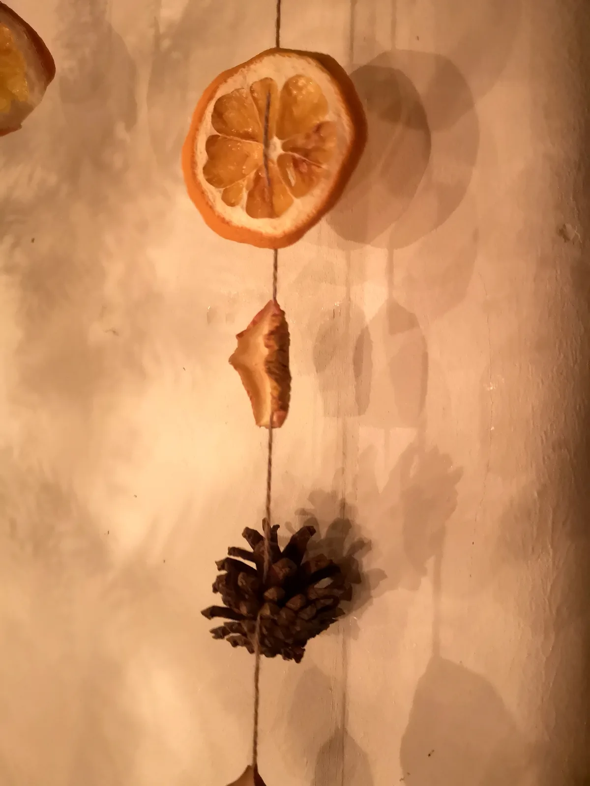 A string of dried decorative items hangs against a textured wall, featuring a dried orange slice at the top, a dried leaf in…