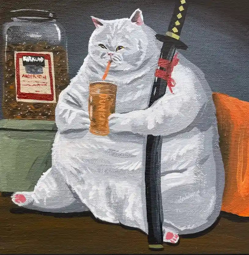 a large, fluffy white cat sits relaxed on a wooden floor, holding a brown drink with an orange straw while leaning against a…