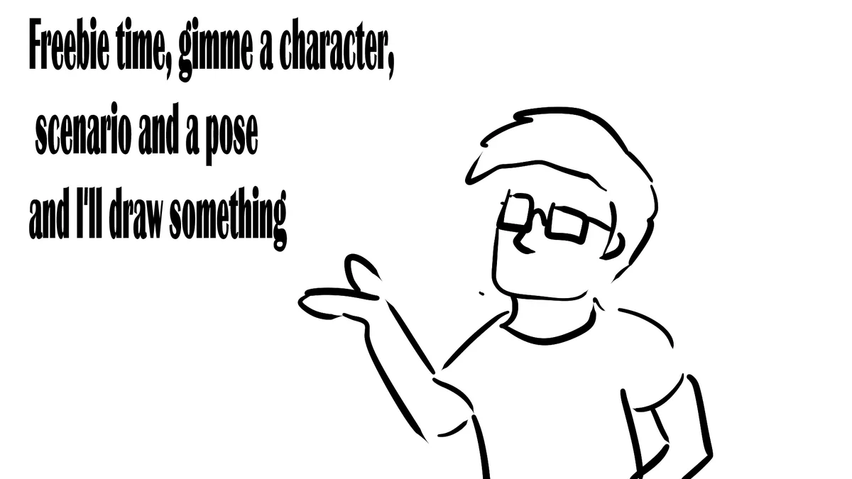 A simple black-and-white line drawing shows a person with short hair and glasses, gesturing with one hand as if offering a…
