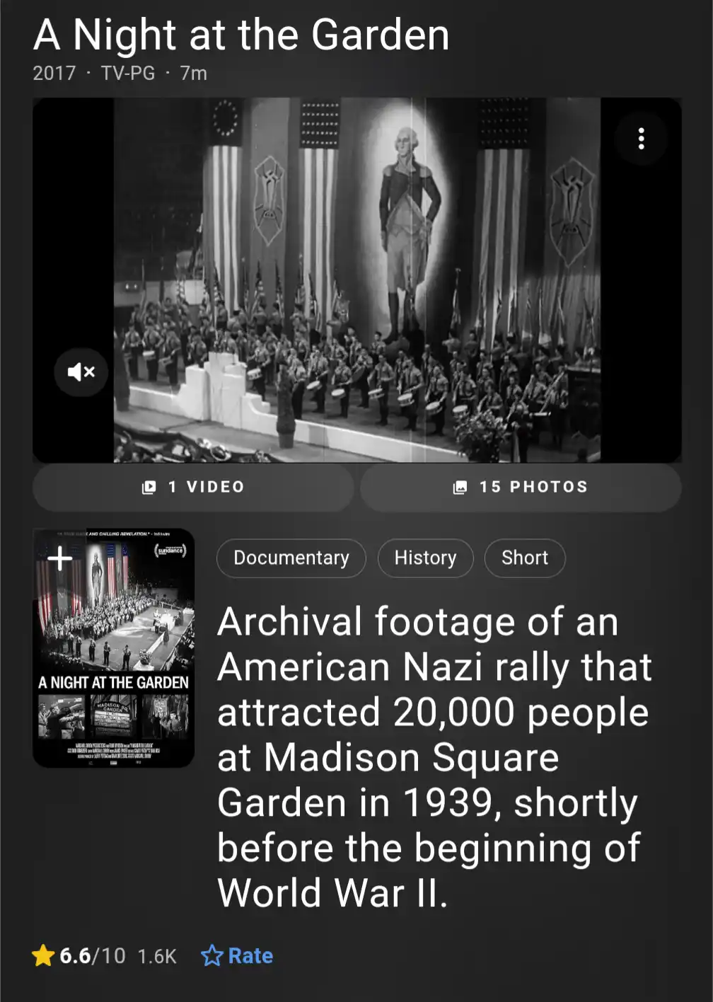 A black-and-white image from the 2017 documentary 'A Night at the Garden' shows a large crowd at a rally with a giant…