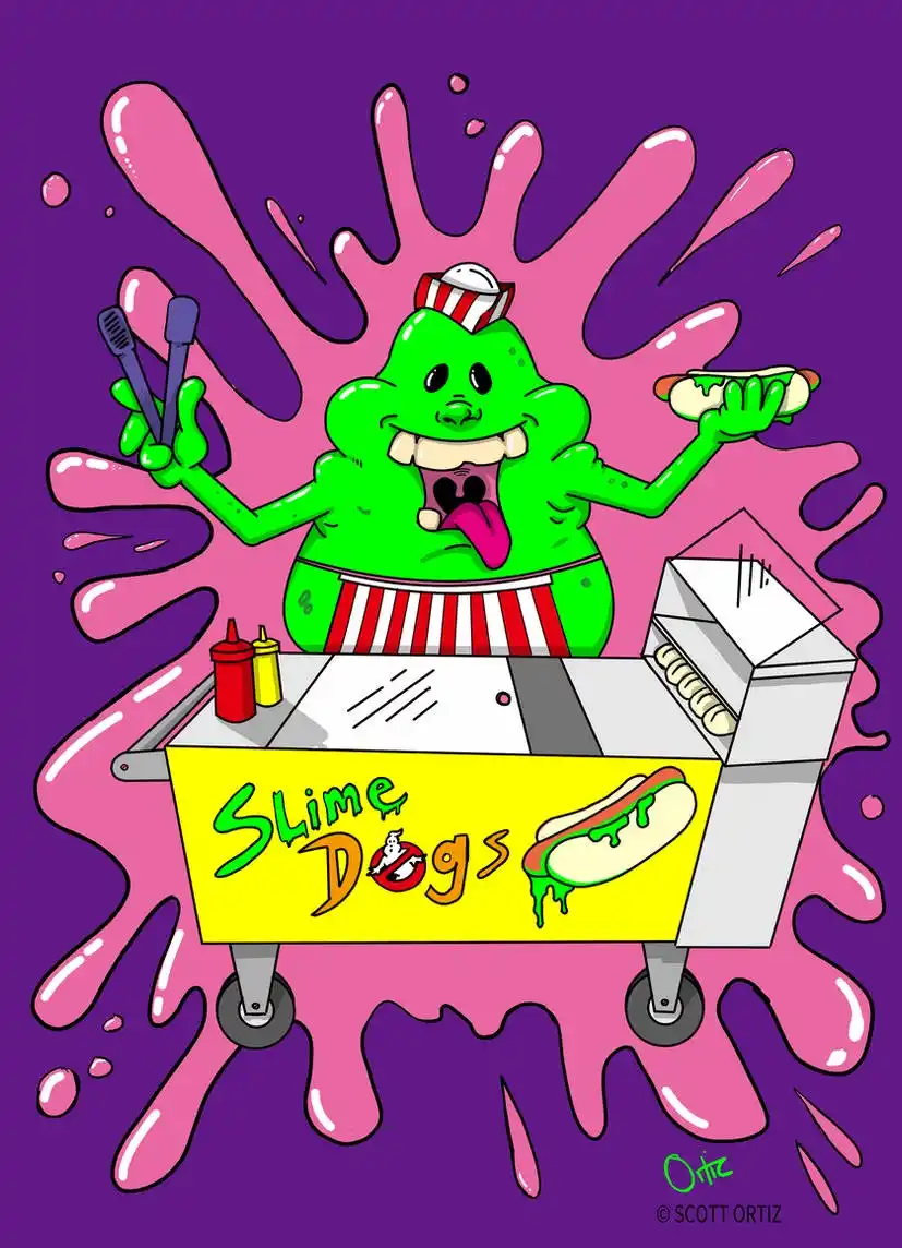 A cartoon green slime monster wearing a red-and-white striped hat and apron stands behind a hot dog cart labeled 'Slime…