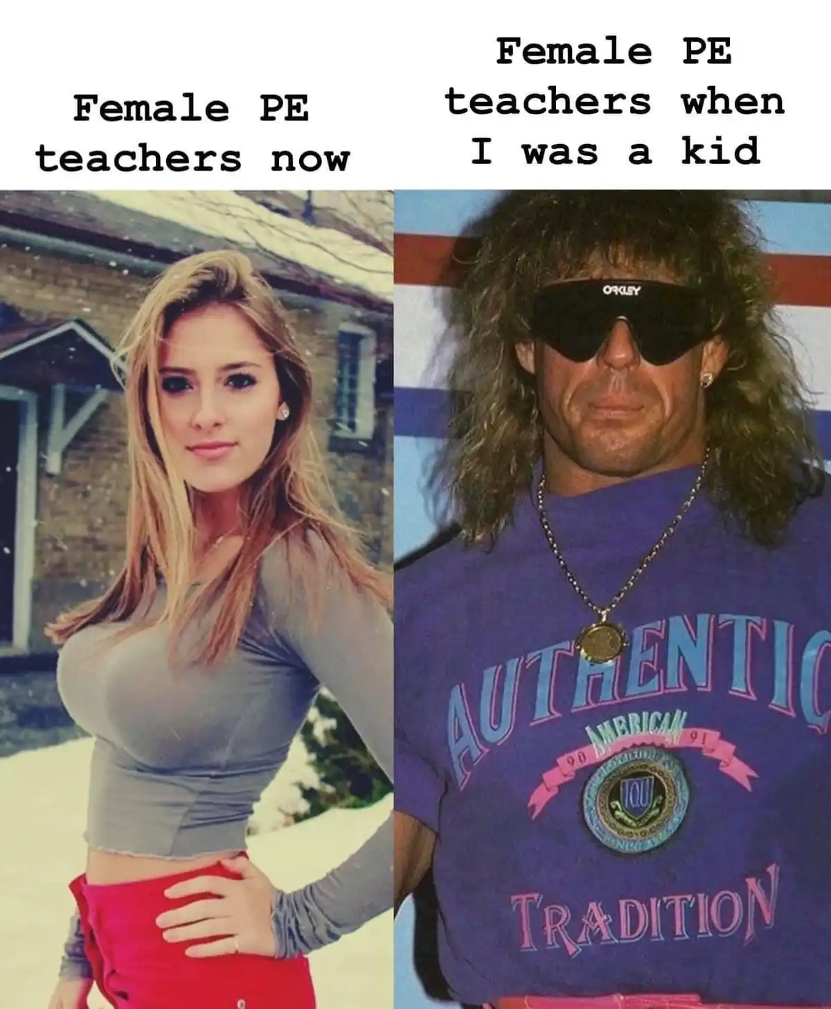 The image is split into two panels. The left panel shows a young woman with blonde hair wearing a tight gray crop top and…