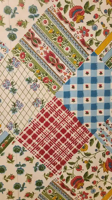 The image shows a collage of various colorful fabric patterns including floral, checkered, and geometric designs. Overlaid…