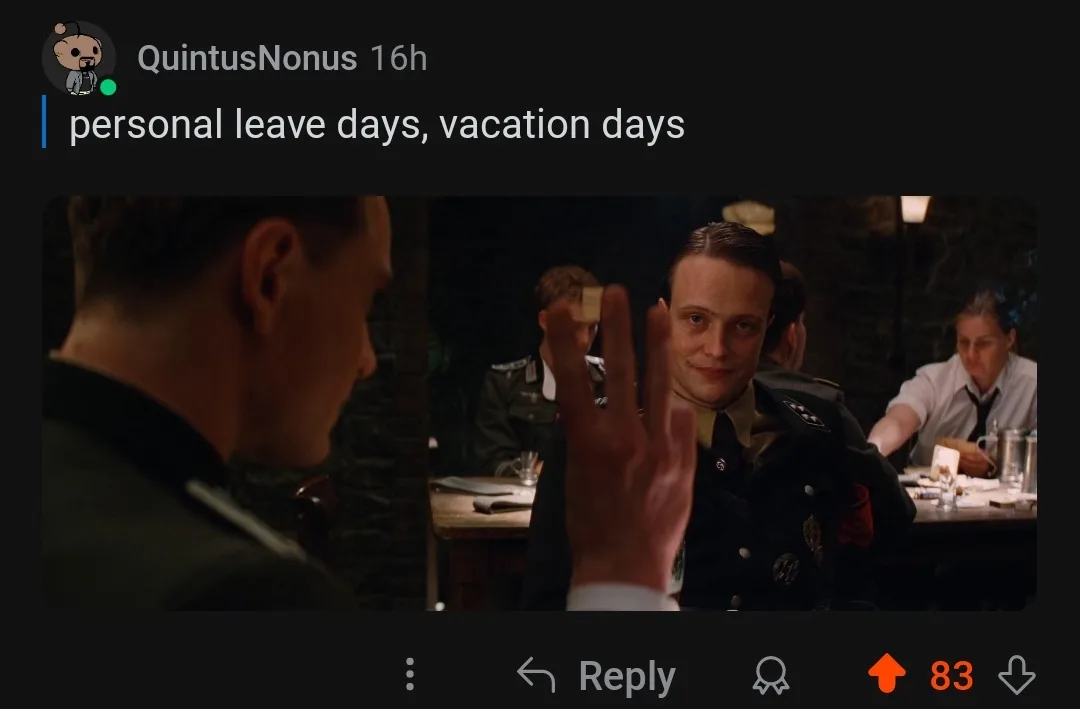 A screenshot of a Reddit post by user QuintusNonus shows a scene from the movie 'Inglourious Basterds' where a man in a Nazi…