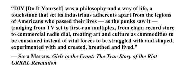 A black-and-white image displays a block of text quoting Sara Marcus from her book 'Girls to the Front: The True Story of…