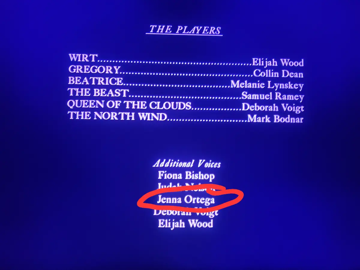 A blue screen showing the credits for 'The Players' with a red circle drawn around 'Jenna Ortega' in the 'Additional Voices'…