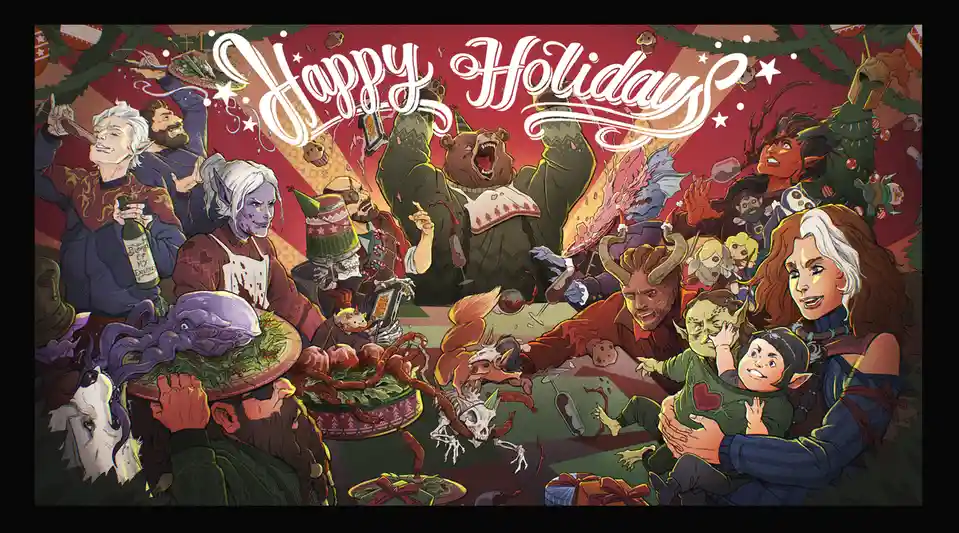 A chaotic, festive illustration depicts a diverse group of fantasy creatures—including elves, a bear, a devil, a skeleton…