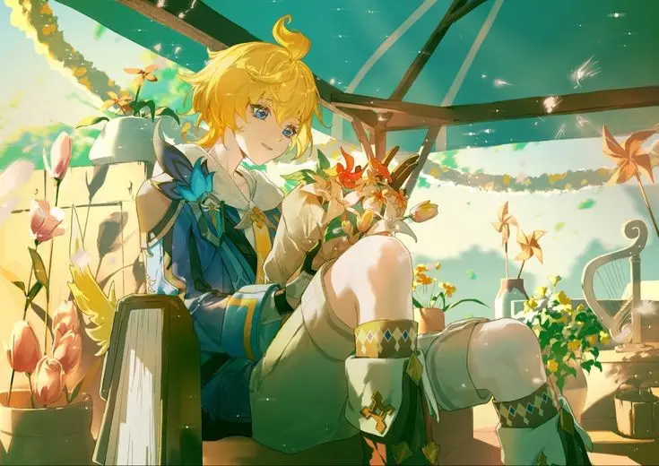 An anime-style illustration shows a young man with blonde hair and blue eyes sitting in a sunlit greenhouse, holding a…