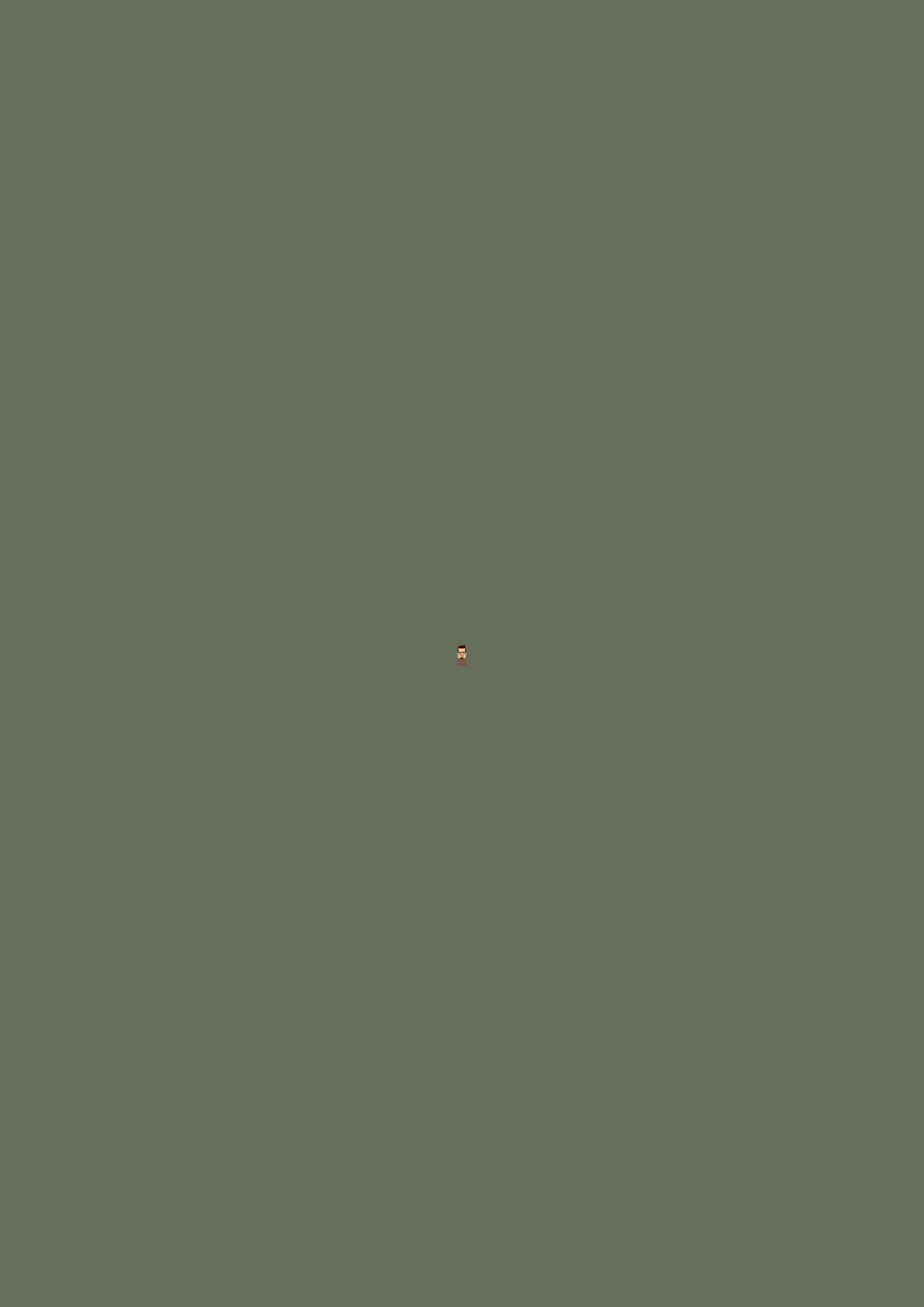 A small, pixelated cartoon character with a stern expression and mustache is centered on a solid olive-green background. The…