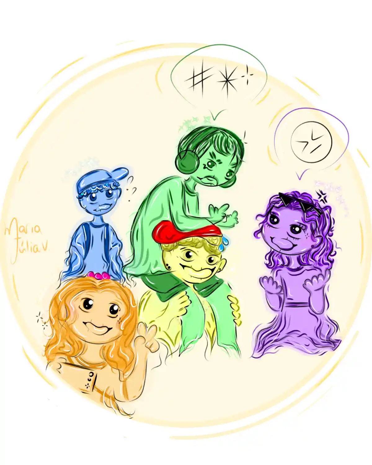 A cartoon illustration shows four stylized characters: a green figure yelling at a yellow figure while a blue, orange, and…