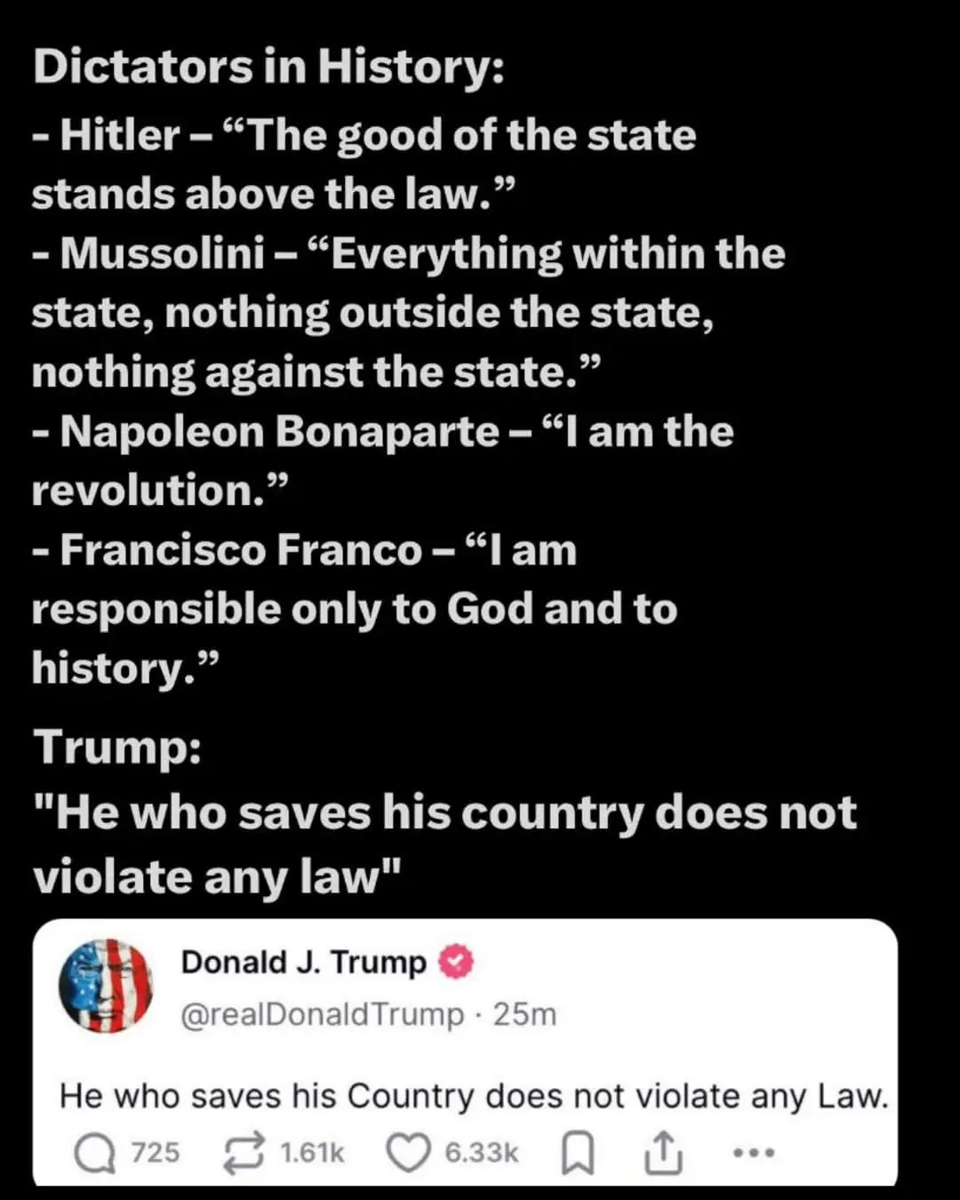 A black background displays a list of historical dictators and their famous quotes about state supremacy, followed by a…