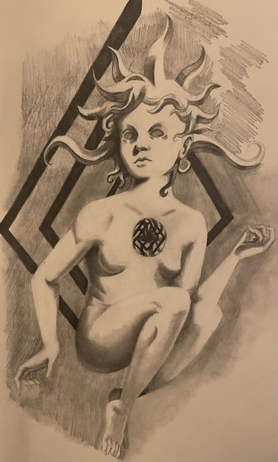 A pencil sketch depicts a nude, youthful figure with wild, flame-like hair and a geometric symbol on their chest, seated…