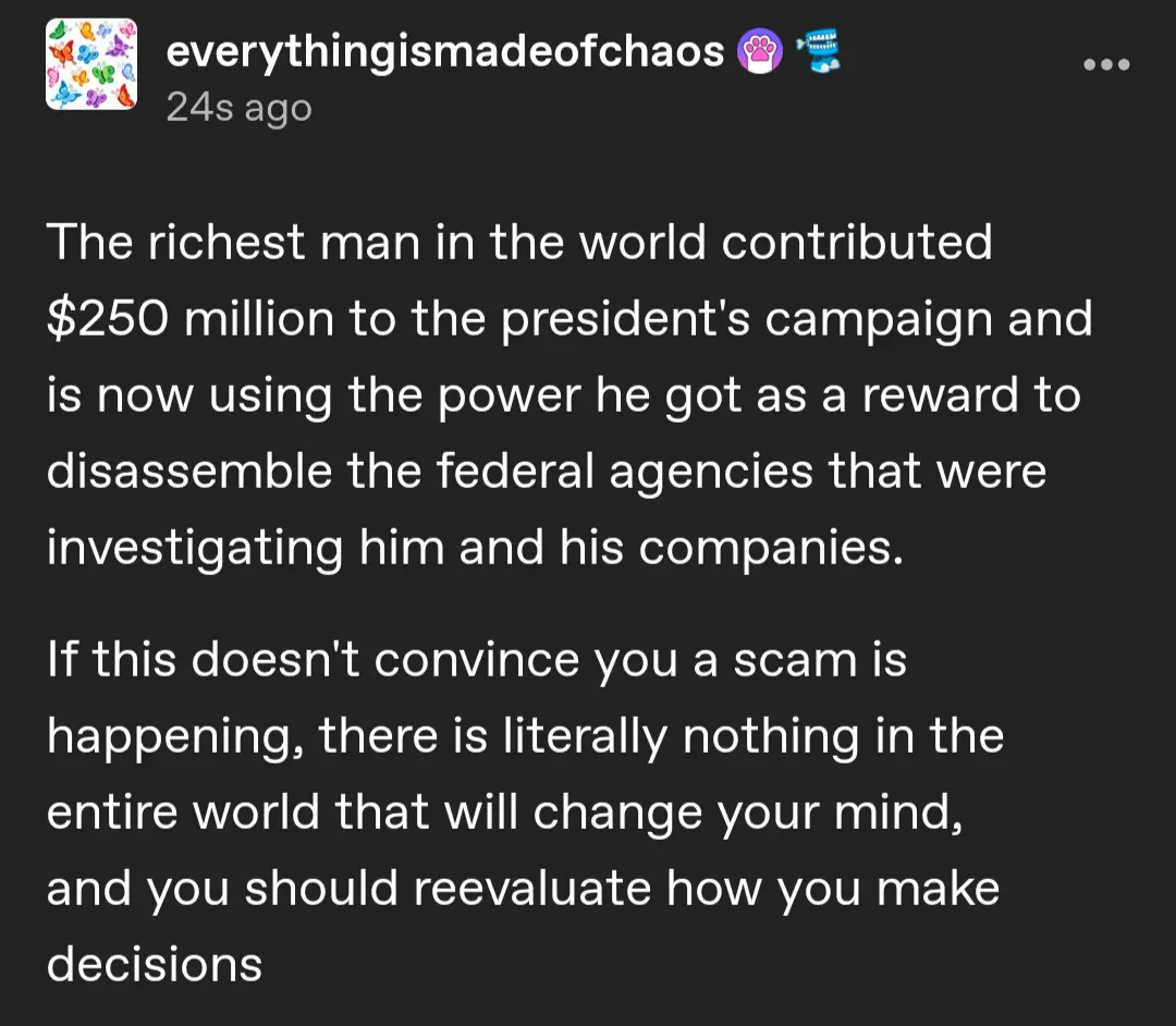 A screenshot of a social media post with white text on a dark background. The post, from user 'everythingismadeofchaos'…