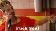 A six-panel meme sequence from the movie 'The King of Queens' featuring a man in a red shirt and paper crown yelling 'Fuck…
