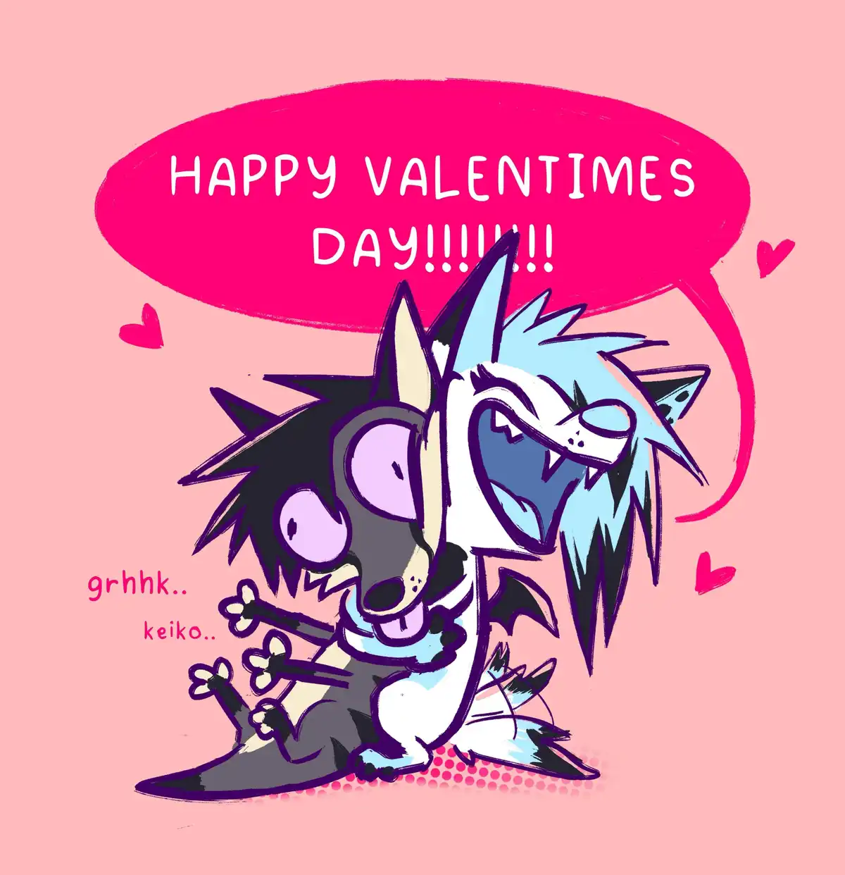 Two cartoon dog-like characters are depicted in a pink background; one with black and white fur and purple eyes is being…