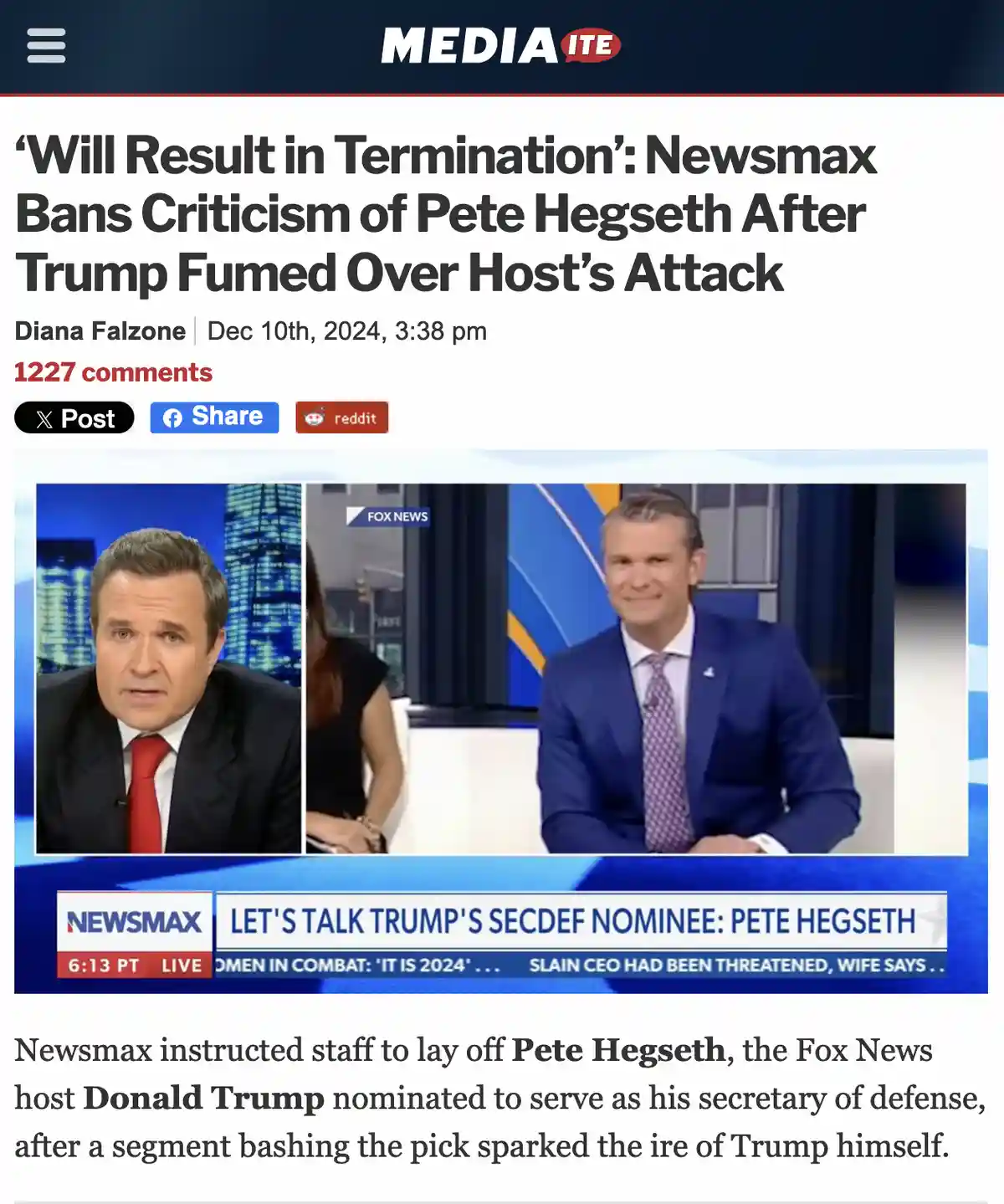A screenshot of a Mediaite news article shows a split-screen from a Newsmax broadcast featuring Donald Trump on the left and…