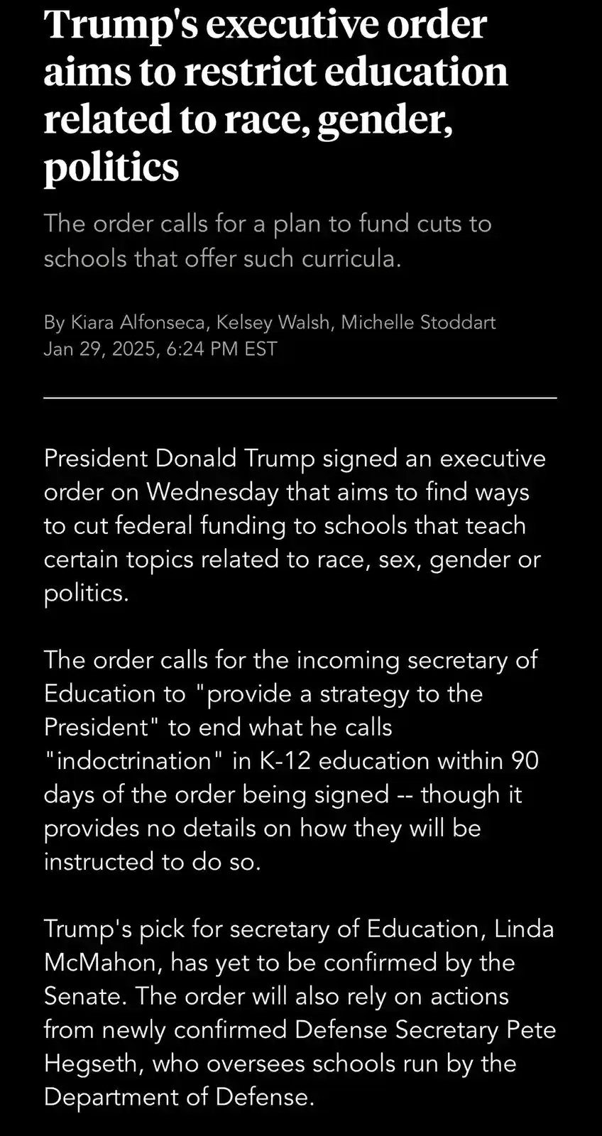 A screenshot of a news article with a black background and white text, detailing an executive order signed by President…