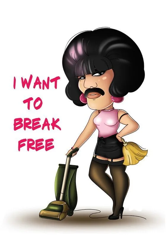 A cartoon woman with a large black afro, mustache, and pink earrings stands confidently holding a vacuum cleaner and a…