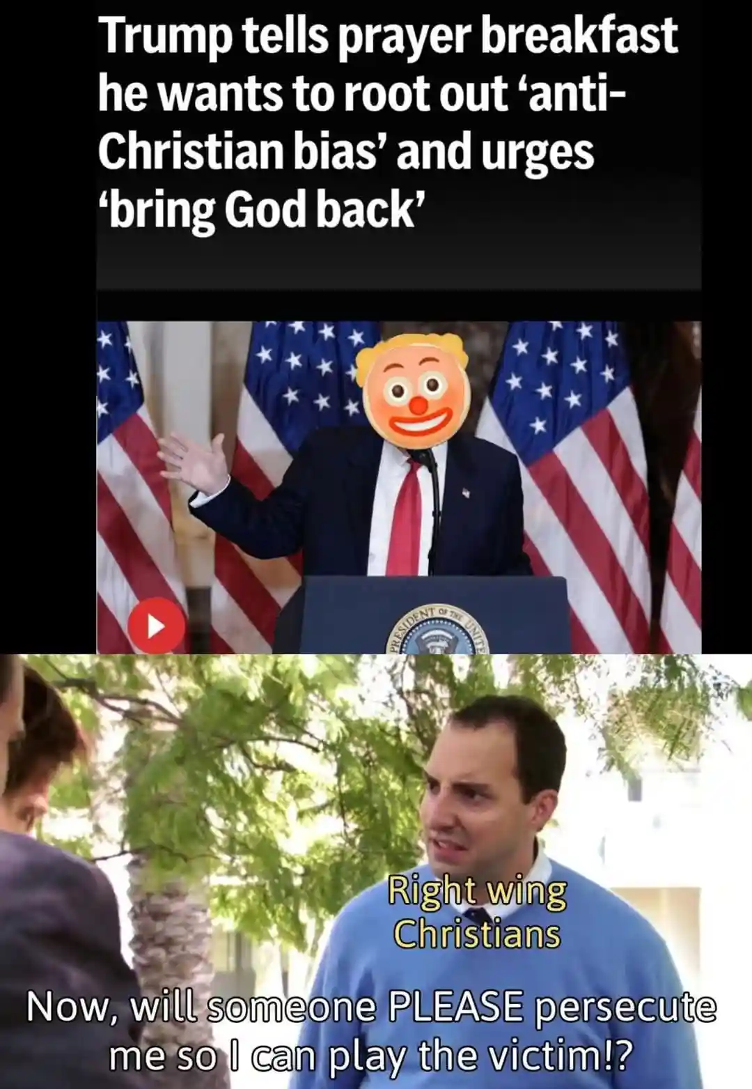 The top panel shows a man in a suit with a clown face filter standing at a podium with American flags behind him, overlaid…
