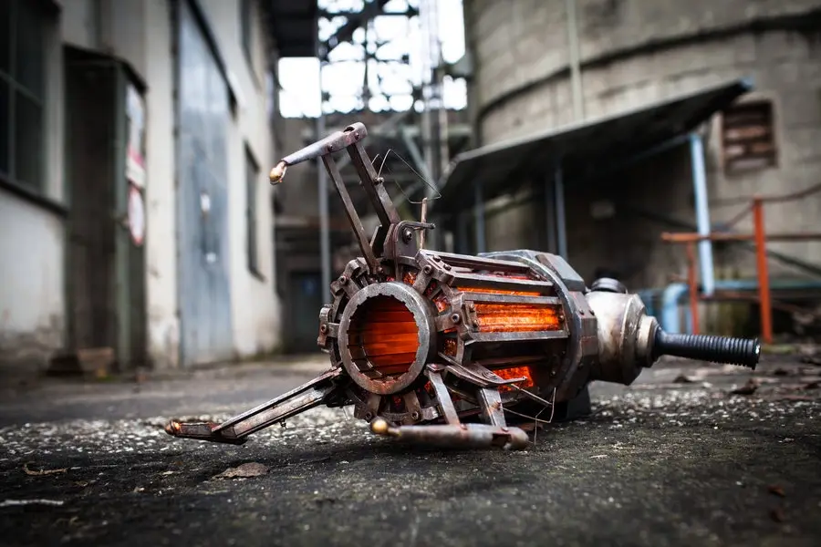 A rusted, broken, and glowing orange industrial motor lies on its side in a gritty, abandoned warehouse. The overlaid text…