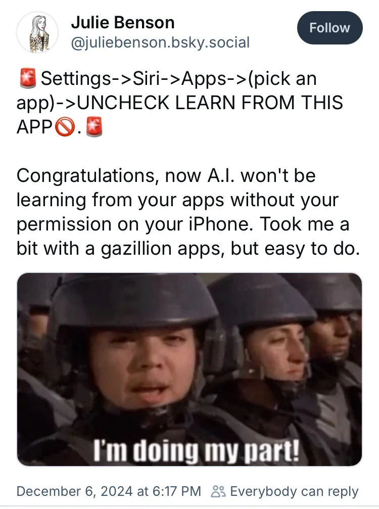 A screenshot of a social media post by Julie Benson showing a meme image of a person in a helmet with the text 'I'm doing my…