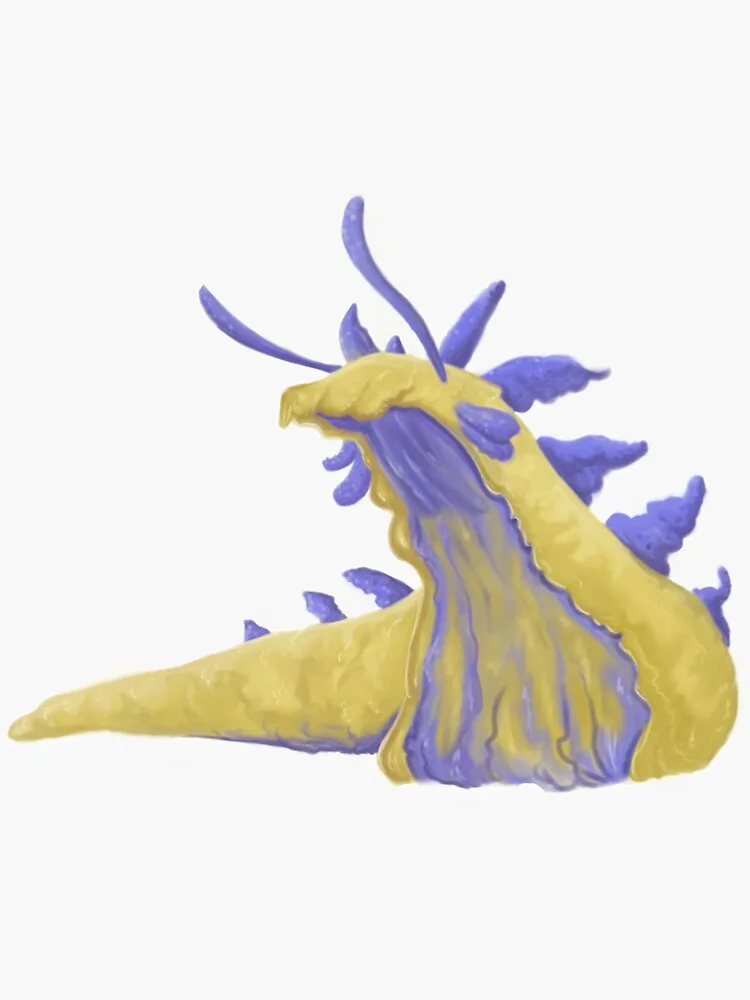 A stylized illustration of a yellow and purple dragon-like creature with flowing, painterly textures and spiky blue…