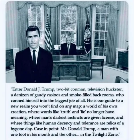 A black-and-white photo shows Donald Trump standing in the foreground in a suit, with an older man (likely former President…