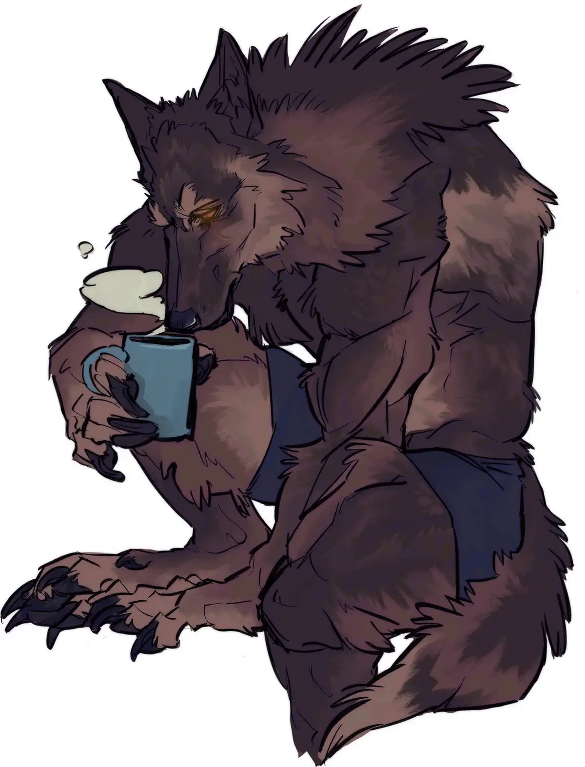 A dark-furred anthropomorphic wolf with glowing orange eyes sits hunched over, holding a steaming blue mug to its mouth. The…